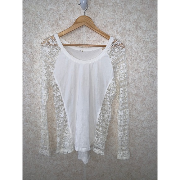 Unbranded Tops - White Floral Lace Long Sleeve Top Mixed Media‎ Scoop Neck High-Low Hem Womens M